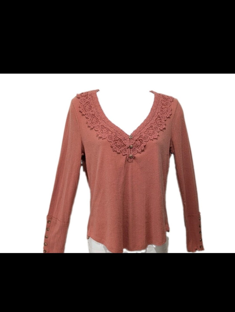 NWT Eyeshadow Lace Trim Henley Shirt Top S Detail Button Cuff Country Cowgirl - Picture 5 of 9